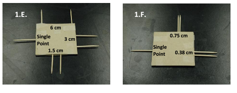 Image shows two examples of small squares of paper. On each side of the square, there are 2 toothpicks sticking out the same distance from the paper (where they are secured with glue or tape), but each set of 2 toothpicks have a different length of space between them, from 0.38 mm up to 6 cm).