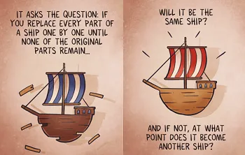 The left panel shows an old ship with missing pieces and says “...it asks the question: if you replace every part of a ship one by one until none of the original parts remain…”.  The right panels shows a new but ever-so-slightly different ship and says, “...will it be the same ship?  And if not at what point does it become another ship?”