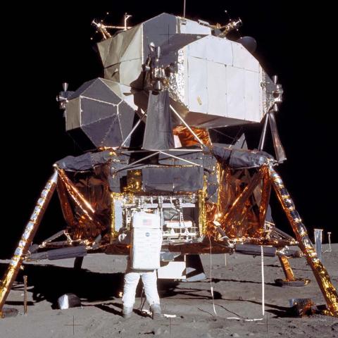 View of Apollo 11 Lunar Module as it rested on lunar surface