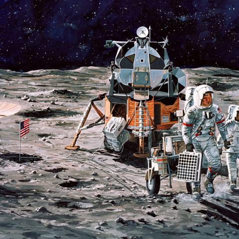 Artist's concept of Apollo 14 crewmen on their firs traverse of lunar surface