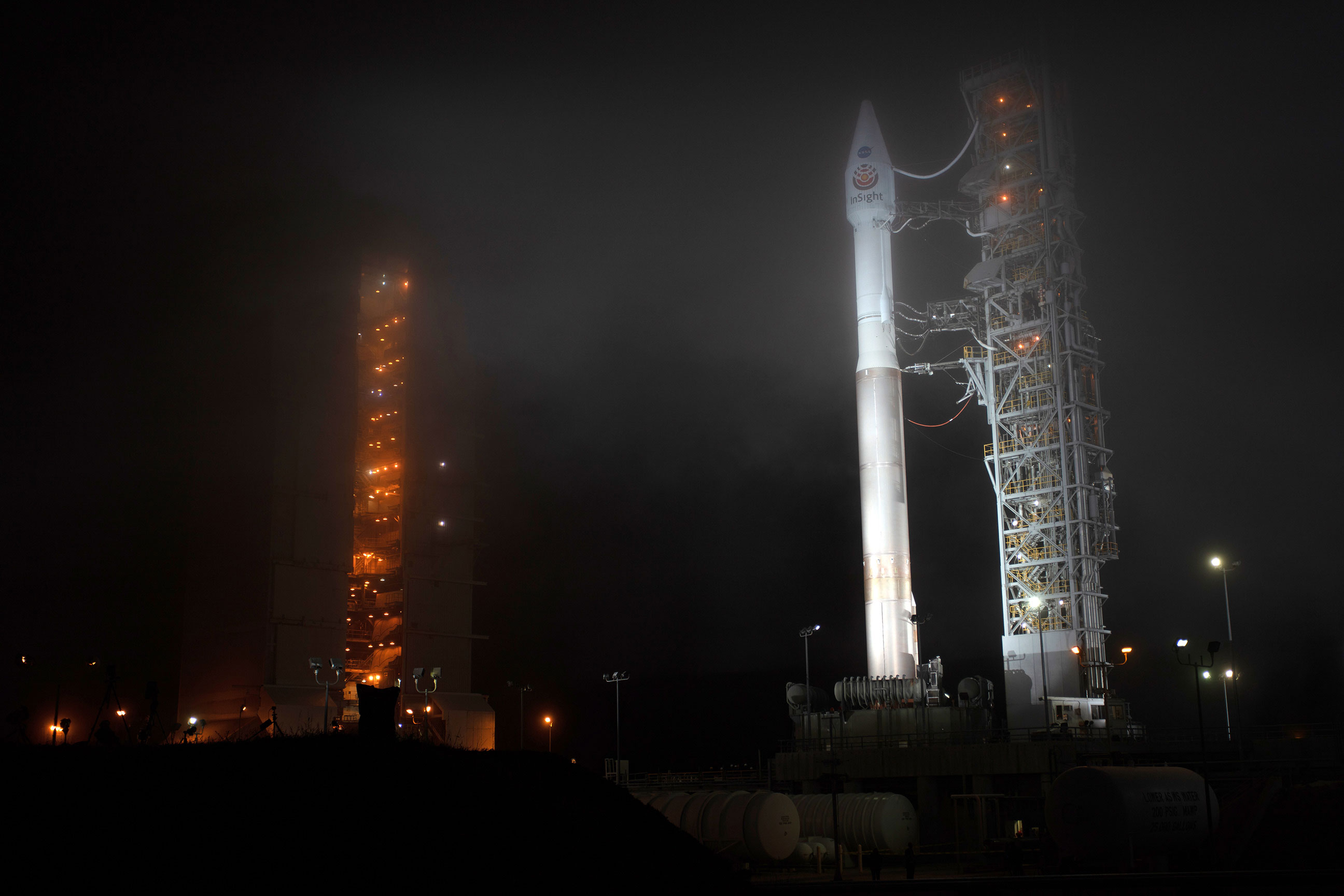 InSight awaiting launch at Space Launch Complex 3 on a foggy night at Vandenberg Air Force Base in California.  Photo: Jon Brack