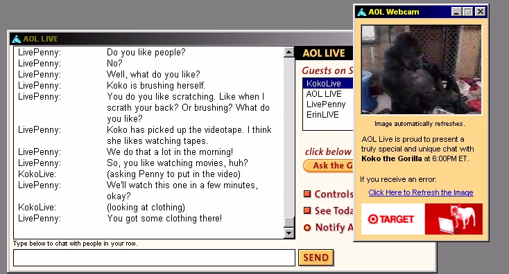 Image of a transcript of an online chat with Koko the gorilla. 