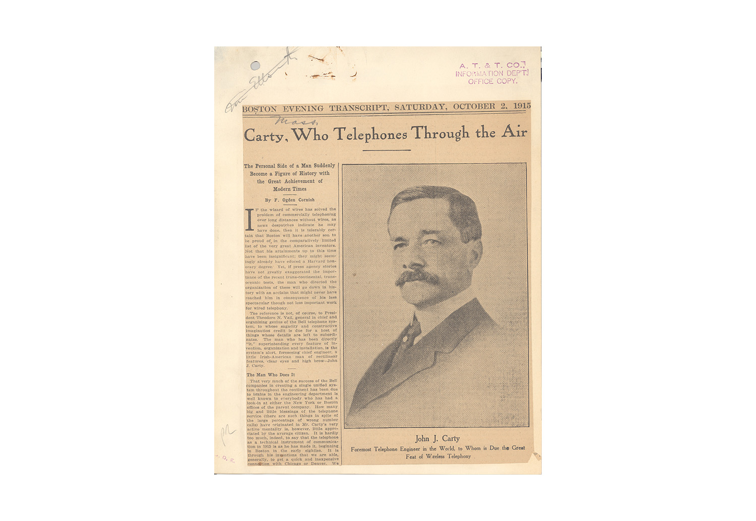 Carty, Who Telephones Through the Air. October 2, 1915.