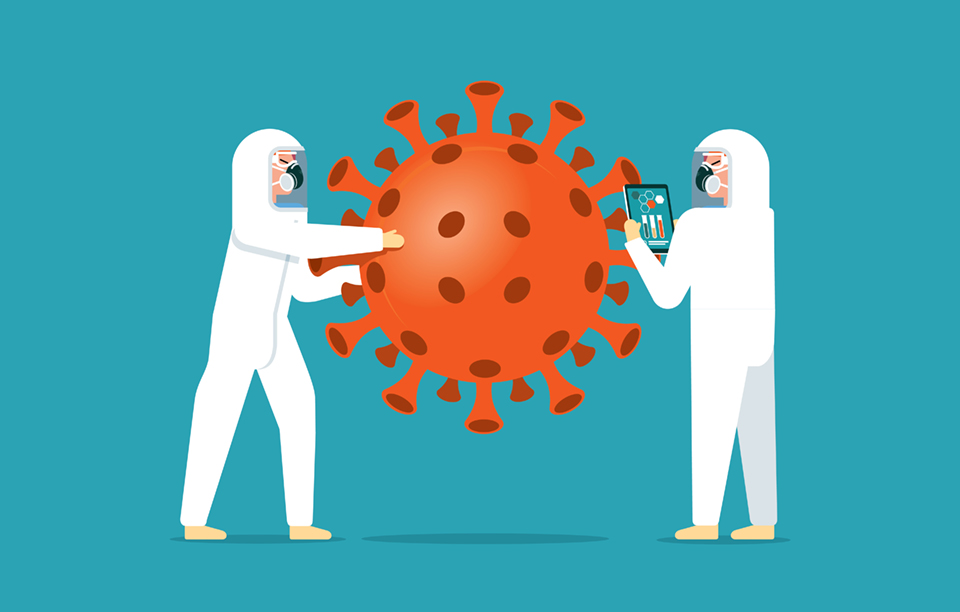 Illustration of two scientists in protective gear facing a large coronavirus cell; one scientist holds an iPad