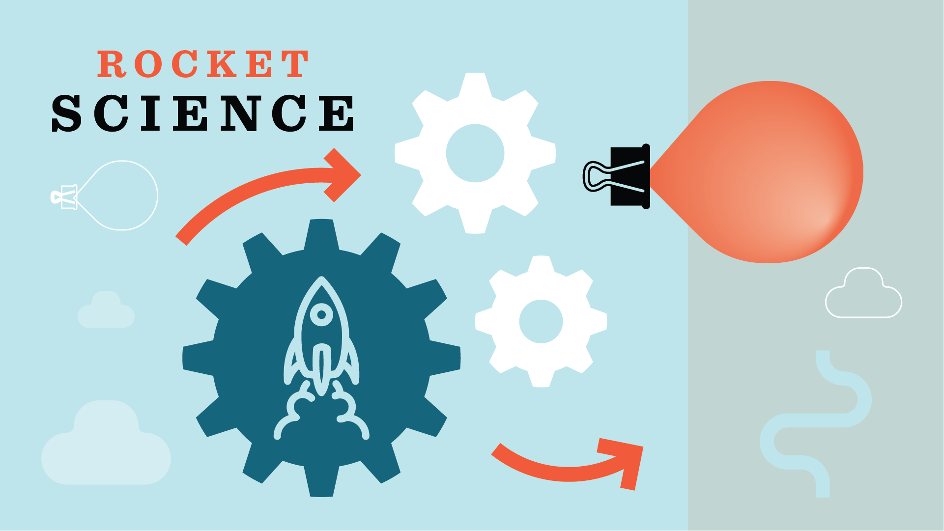 Graphic showing cogs, balloon, binder clip, clouds and rocket with the words "Rocket Science"