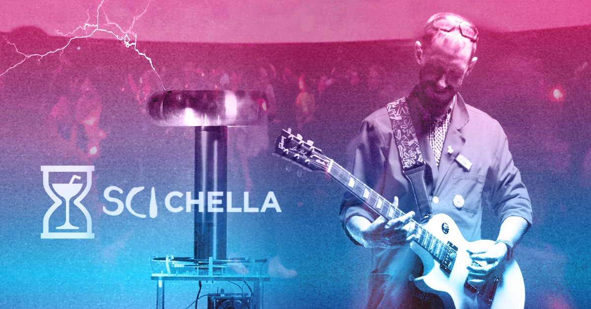Science Interpreter playing guitar with Sci-Chella logo
