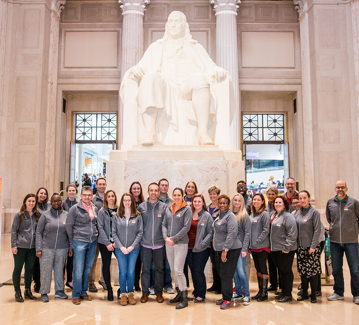The 2018 class of Master Educators gathers at the Benjamin Franklin Memorial at The Franklin Institute in Philadelphia.