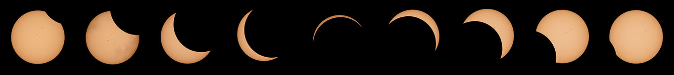 Nine images of a solar eclipse, each a snapshot of a phase of the eclipse moving across the sun.