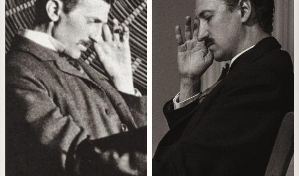 Historical photo Nikola Tesla and photo of actor in a play about Tesla
