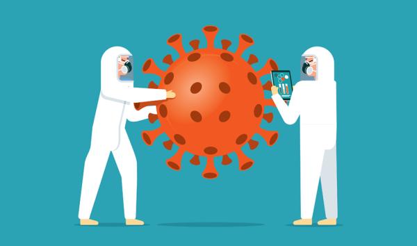 Illustration of two scientists in protective gear facing a large coronavirus cell; one scientist holds an iPad