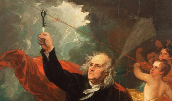 Painting of Benjamin Franklin Drawing Electricity from the Sky, by Benjamin West. Oil on slate, circa 1816. 