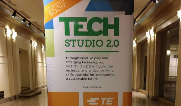 A banner in The Franklin Institute reads, "Tech Studio: Coming Soon. Engineered by TE Connectivity."