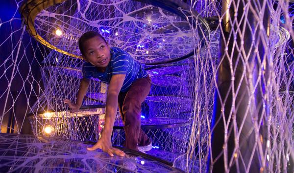 A boy explores the Neural Climb in the "Your Brain" exhibit