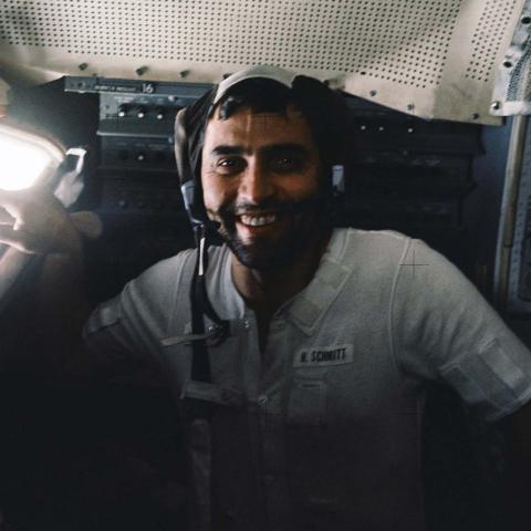 Astronaut Harrison Schmitt inside the lunar module on lunar surface after EVA