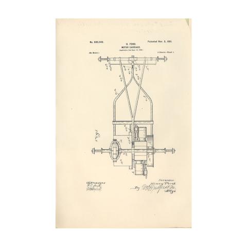 1st page out of 5 from U.S. Patent No. 686,046 on the Motor-Carriage granted to Henry Ford and the Detroit Automobile Company, 11/5/1901.
