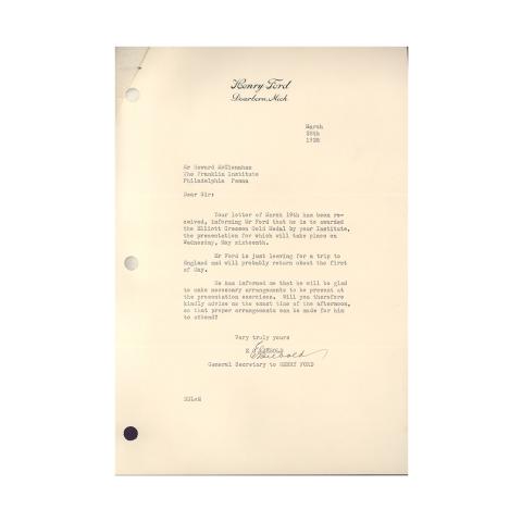 E.G. Liebold letter, to CSA Secretary, Informing that Ford will gladly arrange to attend the medal presentation exercises, 3/28/1928.