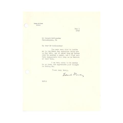 Edsel B. Ford letter, to Howard McClenahan, Appreciating the awards invitation and regretting inability to attend, 5/1/1928.