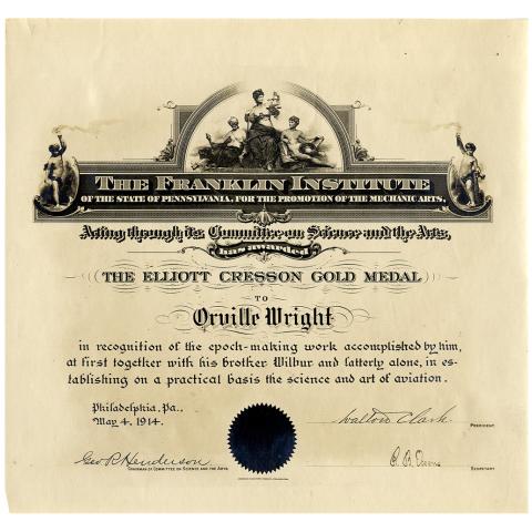 Committee on Science and the Arts Certificate, with citation, of Orville Wright as the Cresson Medal recipient, 5/4/1914