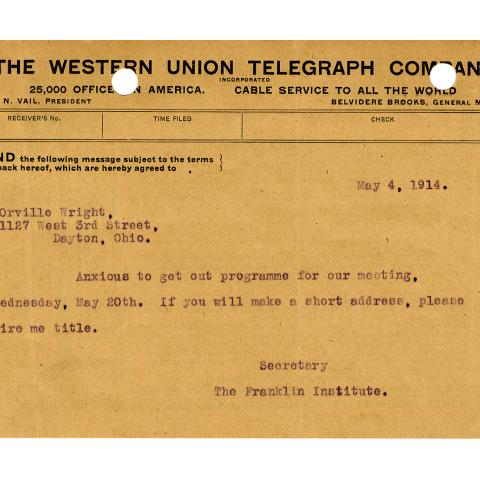 Telegram from Secretary to Orville Wright, Requesting the title of the address to be given on May 20th, 5/4/1914