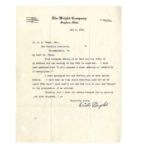 Letter from Orville Wright to R.B. Owens, Informing that a telegram has been sent, 5/5/1914