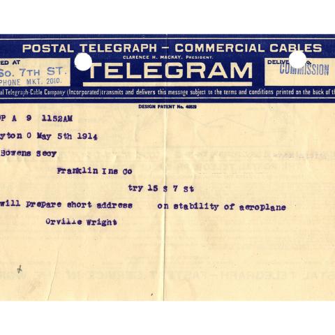 Telegram from Orville Wright to R.B. Owens, Supplying the title of the address to be given on May 20th, 5/5/1914