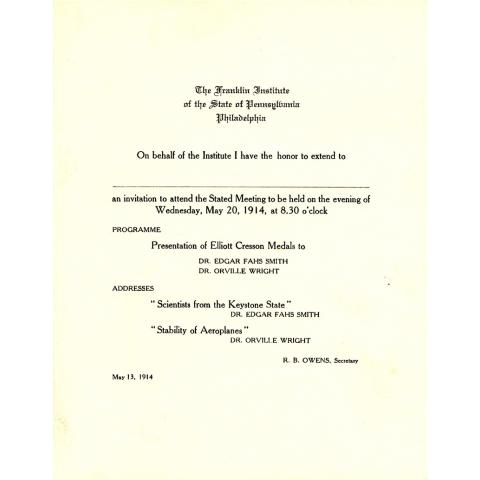Invitation, inviting attendance at the Elliott Cresson Medals presentation, 5/20/1914