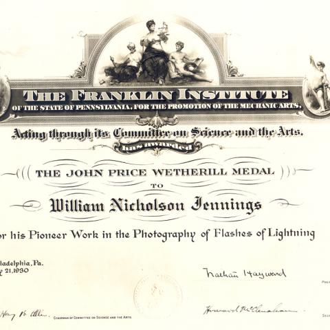 Awards Certificate, "For his Pioneer Work in the Photography of Flashes of Lightning," 5/21/1930.