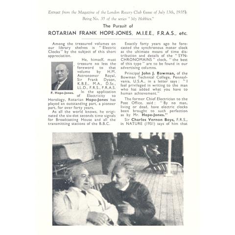 1st page of a 2 page extract from the Magazine of the London Rotary Club, July 13, 1935.