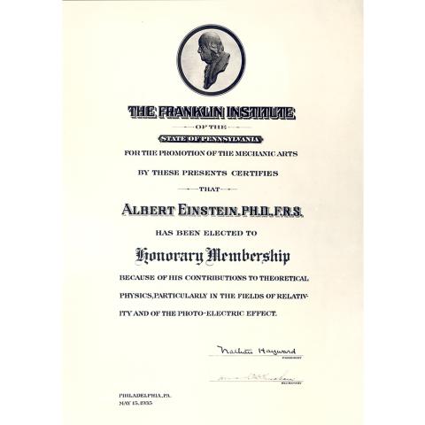 Honorary Membership certificate awarded to Albert Einstein by The Franklin Institute.