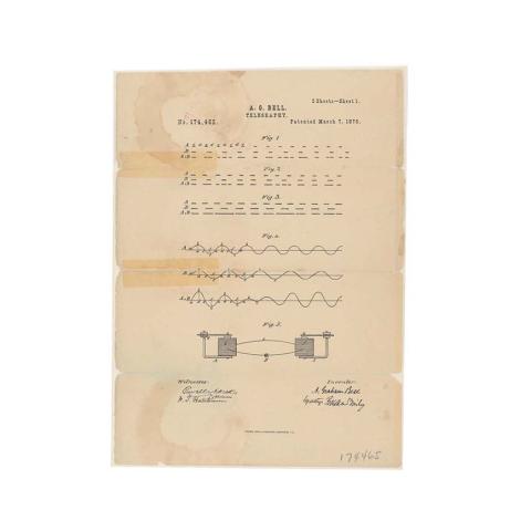 This is the printed patent drawing illustrating Alexander Graham Bell's method of telegraphy, which is considered the first demonstrated usage of the system known as the telephone.