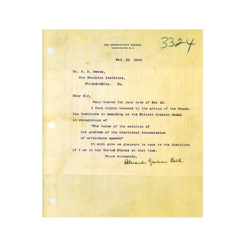 Committee Secretary Letter to Bell, Informing of the Elliot Cresson Medal award, 2/19/1912.