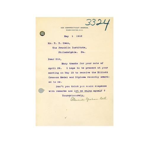 Bell's note of acceptance and thanks upon receipt of The Franklin Institute's Elliot Cresson Medal, 2/21/1912.