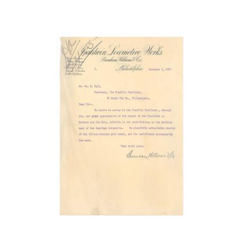 Letter from Burnham, acknowledging and appreciating the award of the Elliot Cresson medal. November 1, 1907.