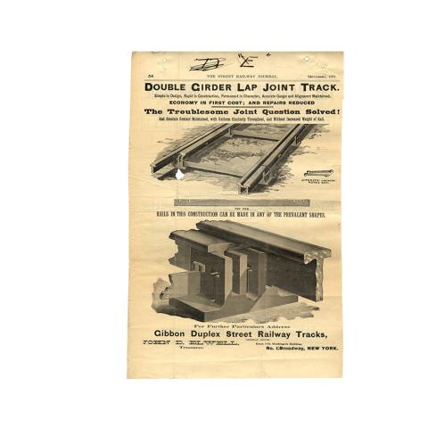 4th page out of 4 of the Street Railway Journal, Ad for Double Girder Lap Joint Track, Gibbon Duplex Street Railway Tracks, 9/1891.