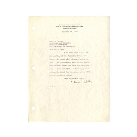 Letter from Edwin Hubble to Henry B. Allen, Accepting Franklin Award with "pleasure and gratitude," 1/30/1939