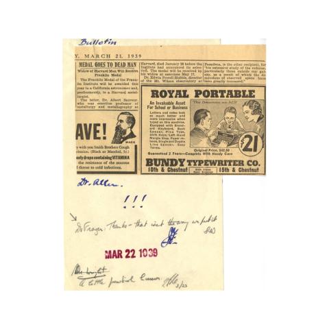 Clipping, from The Bulletin, "Medal goes to Dead Man" - attached to note to Dr. Frazer: "That isn't the way we put it." 3/21/1939