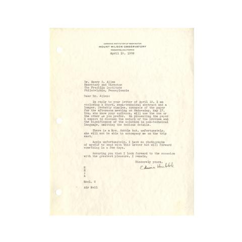 Letter from Edwin Hubble to Henry B. Allen, Enclosing a synopsis of paper for May 17 Medal Day, 4/15/1939