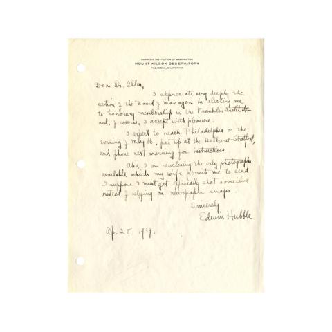Letter from Edwin Hubble to Dr. Allen, Appreciating honorary membership of The Franklin Institute and informing of travel plans, 4/28/1939