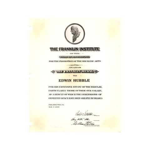 Awards certificate awarded to Edwin Hubble for his extensive study of the nebulae..., 5/17/1939