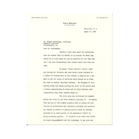 1st page out of 2 Letter from Berliner discussing his paper and its presentation. April 17, 1929