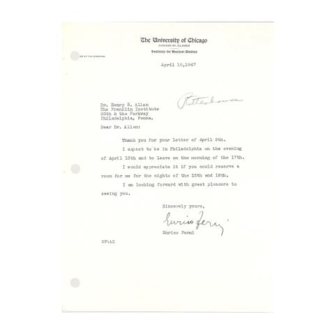 Enrico Fermi Letter, to Henry B. Allen, Accepting the presentation invitation and supplying travel details, 4/10/1947.