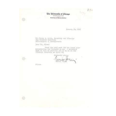 Enrico Fermi Letter, to Henry B. Allen, Conveying thanks for the honor of being the Franklin Medal awardee, 1/29/1947.