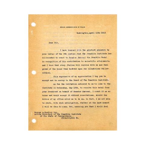 1st page out of 2 Acknowledgement Letter from Count V. Macchi de Celere to George A. Hoadley, Acknowledging the award to Senator Marconi, agreeing to accept on his behalf, 4/11/1918.