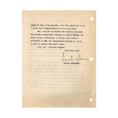 2nd page out of 2 Acknowledgement Letter from Count V. Macchi de Celere to George A. Hoadley, Acknowledging the award to Senator Marconi, agreeing to accept on his behalf, 4/11/1918.