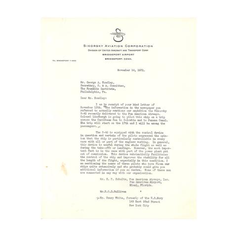 1st page out of 2 of Letter from Igor Sikorsky, to George A. Hoadley, Supplying references to contact for information on the value of the automatic control device, 11/14/1931.