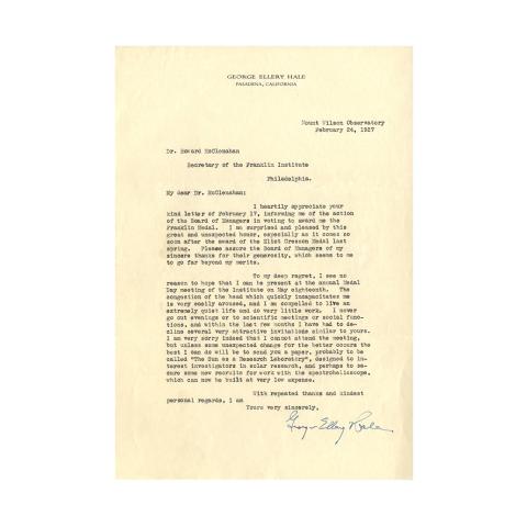 Letter from George Ellery Hale to Howard McClenahan, appreciating the unexpected honor of the Franklin Medal award, 2/24/1927