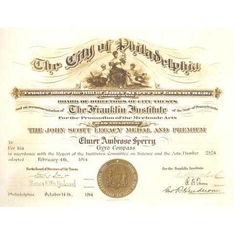 A certificate from The Franklin Institute for Elmer A Sperry's Gyro-Compass