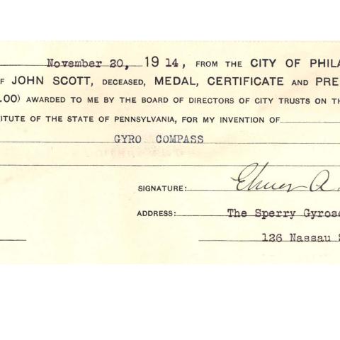 A check from the City of Philadelphia awarded to Sperry for the creation of the gyro-compass