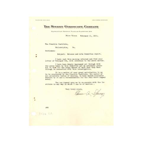 A letter to Sperry for the creation of the gyro-compass