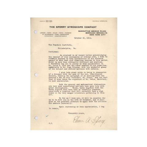 A letter to Sperry for the creation of the gyro-compass